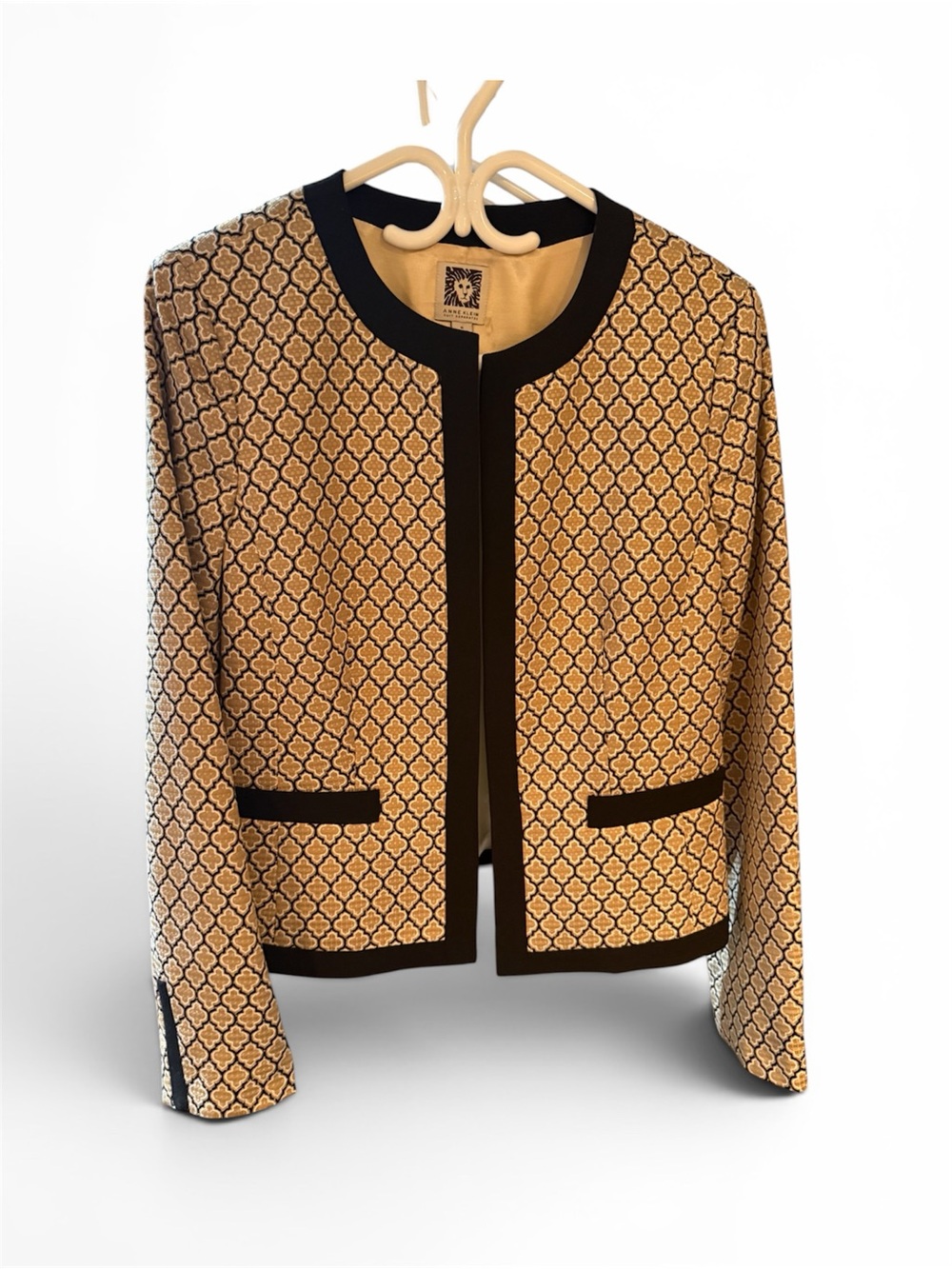 Anne Klein Yellow Patterned Collarless Jacket with Black Trim